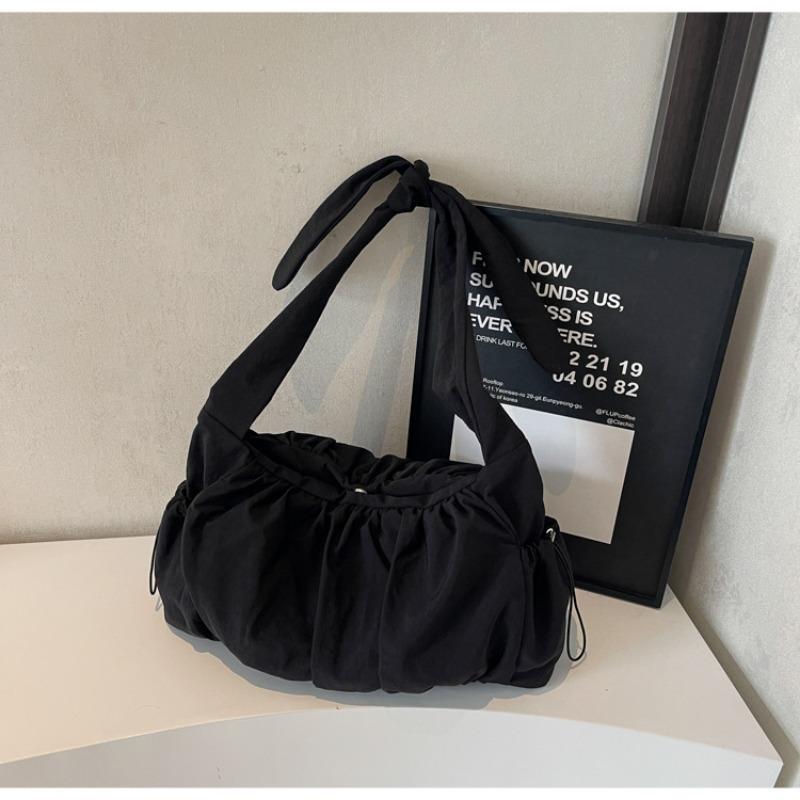 

Large capacity canvas bag women s summer new niche design shoulder messenger bag pleated class tote bag чорний