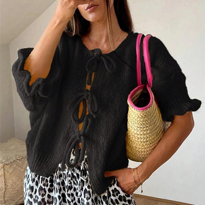 Solid Color Ruffles Three-quarter Sleeves Cardigan Women‘s - Knit Sweater Drawstring Open Front