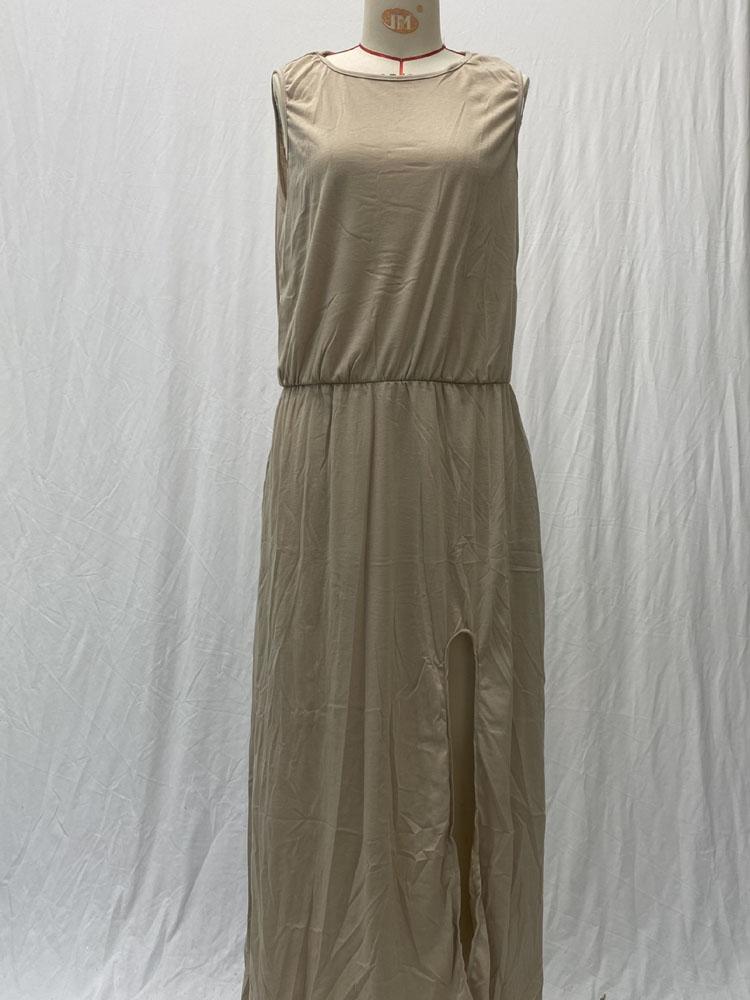 Rundhals Ärmelloses Kleid Schlitz Mehrfarbig Uni Lange Kleider Elegant Und Schön Damenkleider