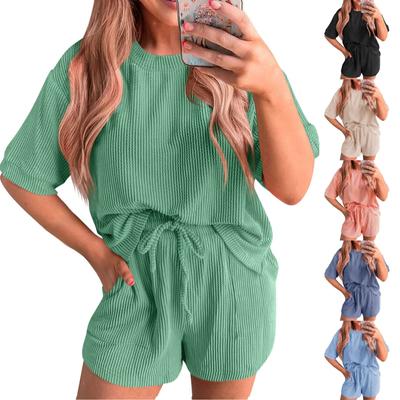 Conjunto de terno feminino solto de cor sólida, manga curta, com cordão, casual, para casa