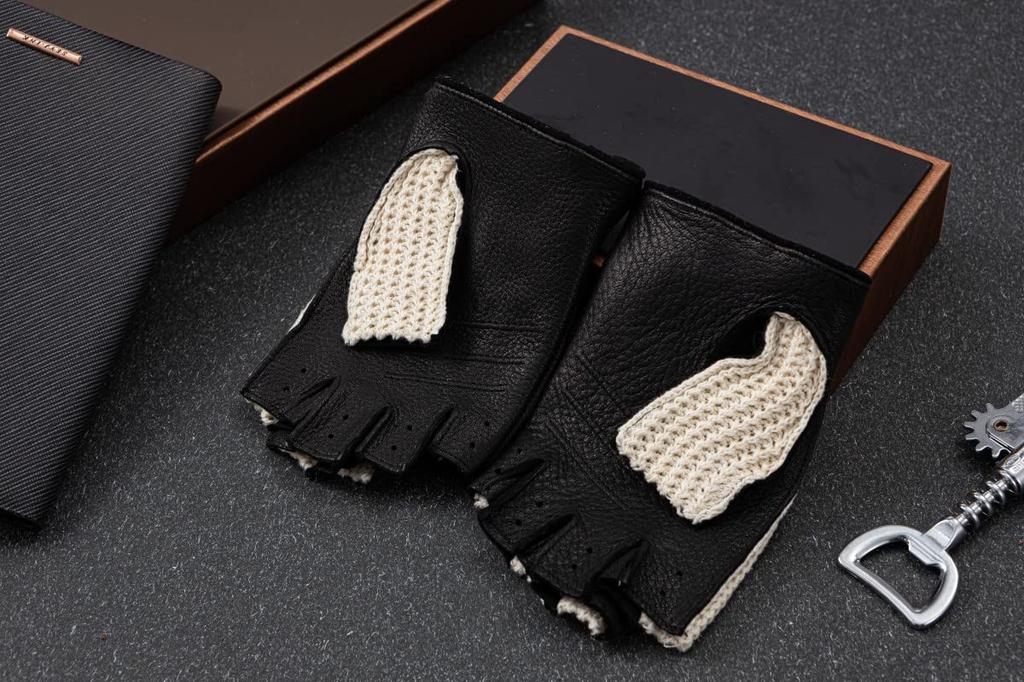 NappaNovum Deerskin Crochet String Back Driving Gloves, Black, Medium