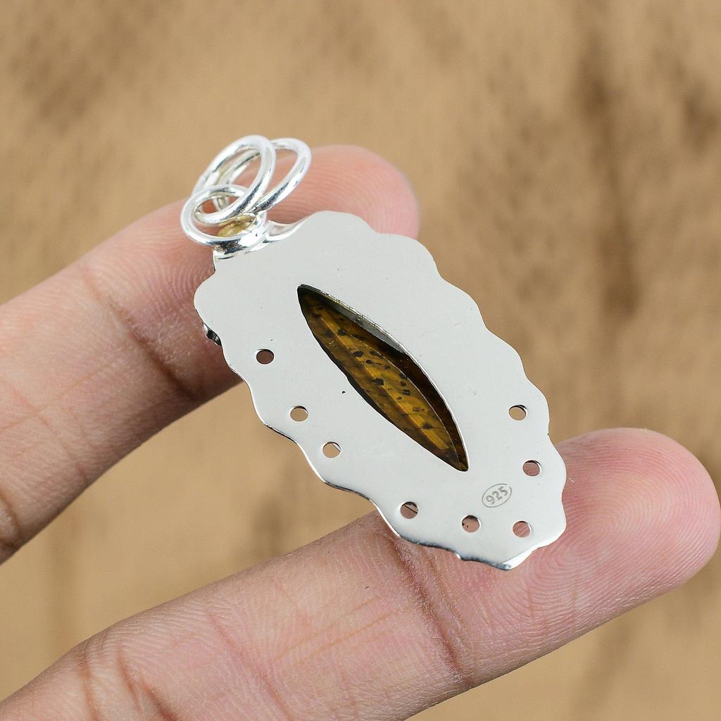 Natural Tiger'S Eye Gemstone Jewelry 925 Sterling Silver Pendant For Women