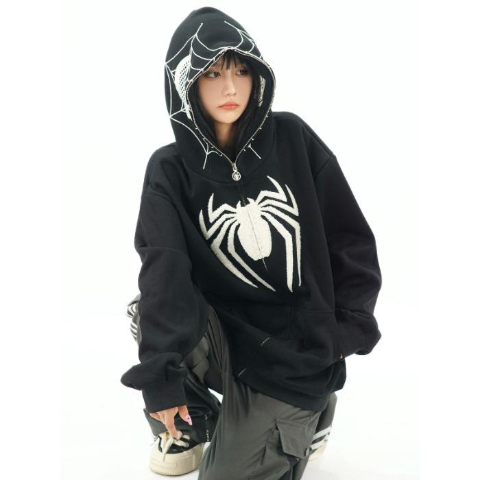 Women Men American Retro Spider Hooded Sweater Zipper Cardigan Loose Jacket