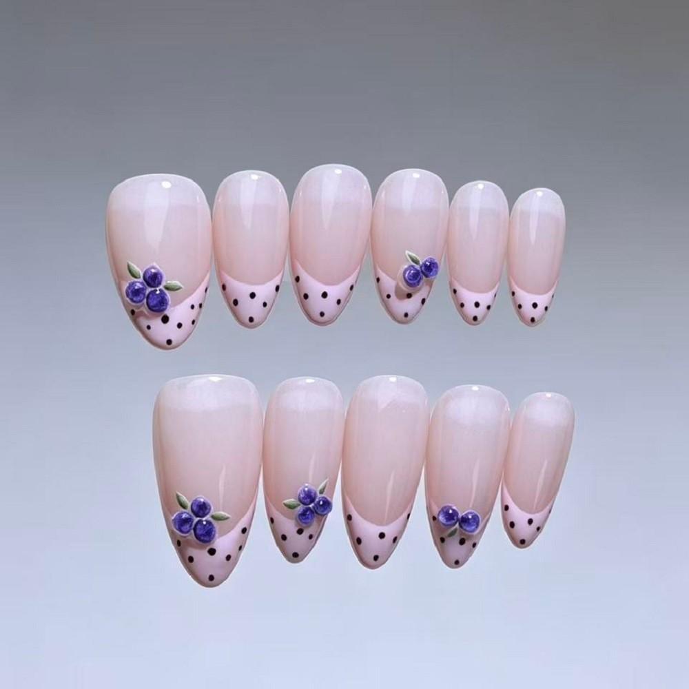 Handmade Press On Nail French Sweet Nude Pink Polka Dots Blueberry Pattern Almond/Oval Fake Nail Patch Artificial Nail Reusable XS