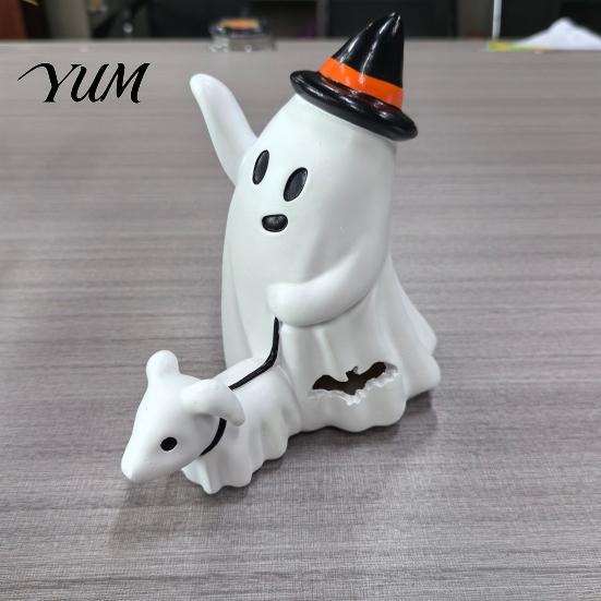Hollow Bat Ornament Cute Ghost Walking Dog Statue, Halloween Indoor Resin Figurine for Tabletop Mantel Shelf Home Party Decoration Unique Souvenir