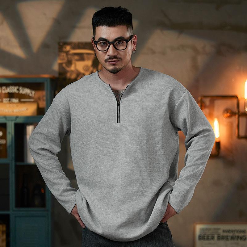 Waffle Half Zipper Long Sleeve Base Shirt T-shirt Men's Round Neck Loose Japanese Retro Casual