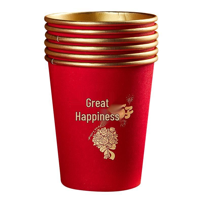 Disposable Gold Foil Wedding Tea Cups: Thickened Red Festive Collection