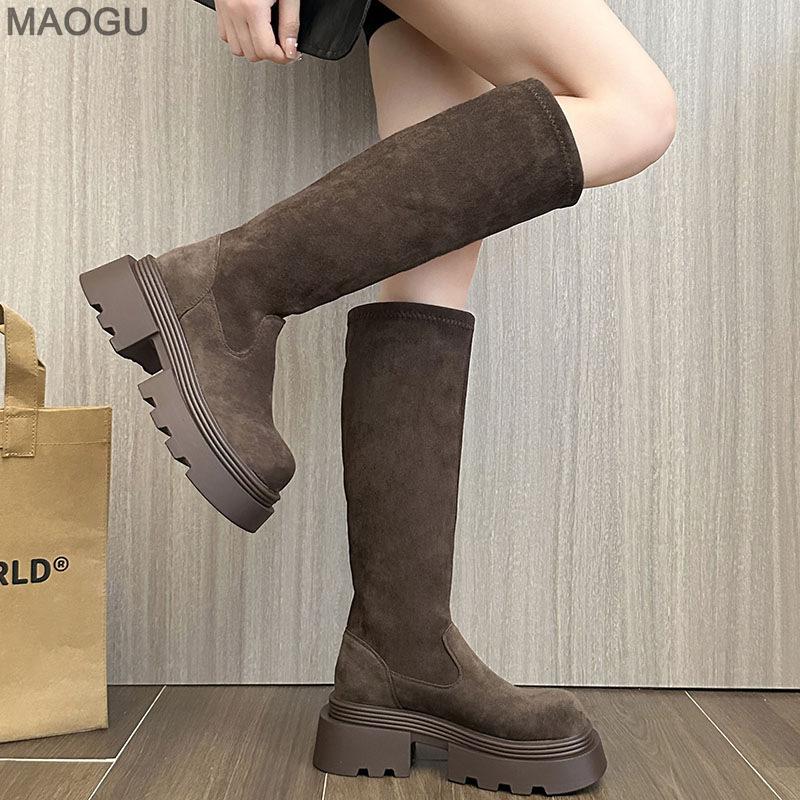 Autumn Winter Vintage Knee-High Long Boots Brown Platform Suede Stretch Boots Versatile Slip on Botas for Women Bottes Femmes
