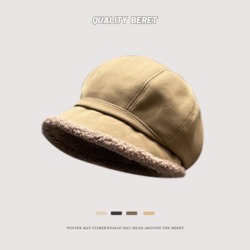 Beret Female Autumn and Winter Thickened Warm Plush Star Anise Painter Hat Versatile Big Head Circumference Show Face Small Bucket Hat