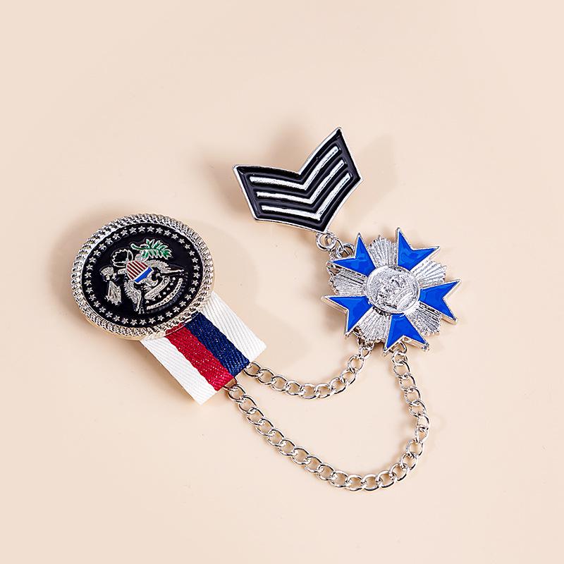 British Retro Shield Double Layer Chain Tassel Brooch with Eight-Pointed Star Emblem Lapel Pin