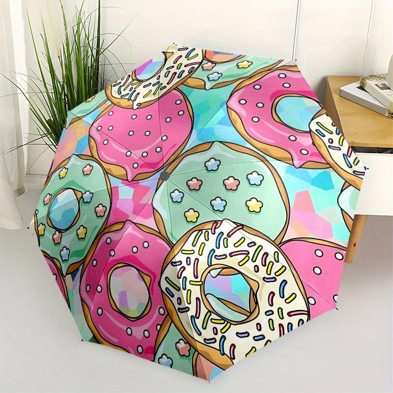 1pc Donut Pattern Automatic Opening/Closing Folding Umbrella with 65 Ribs, Plastic Handle, Windproof Portable Sunshade Umbrella Halloween an