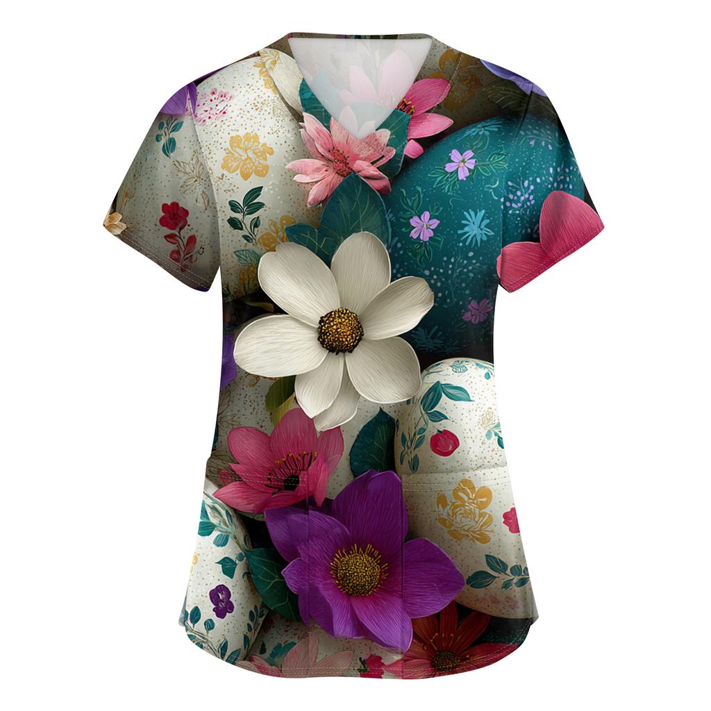 Women's Fashion V-Neck Short-Sleeved Workwear With Pockets Easter Print Top Caregiver Uniform