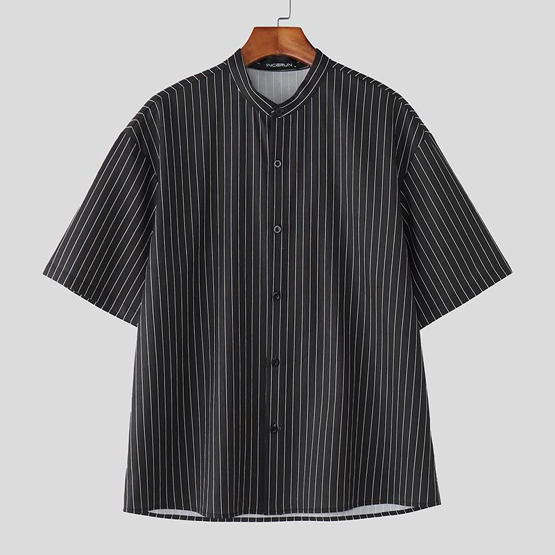 

INCERUN Men Striped Shirts Casual Short Sleeve Buttons Up Tops S чорний