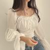 Korean Chic One-Shoulder Ruffled Puff Sleeve Chiffon Top