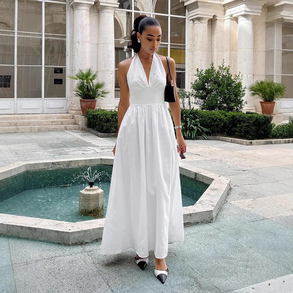 Pure cotton long dress, European, American spring and summer waist V-neck strap long dress, big swing dress women