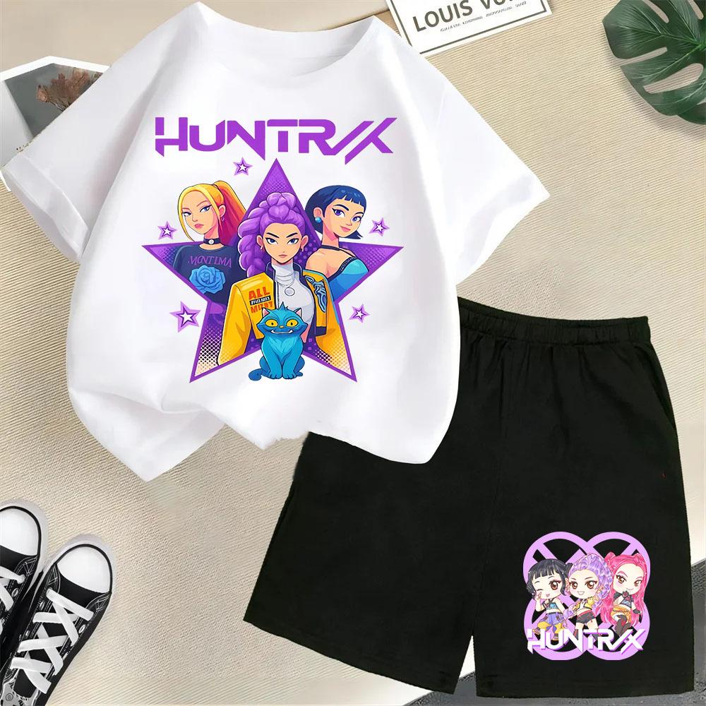 2025 New Children's Korean Wave Demon Hunter Print Fashion Casual Movie Cartoon Boys and Girls Short-sleeved Set