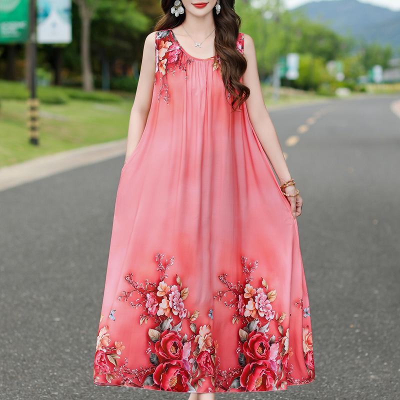 Damen Sommerkleid Vintage Kleidung Lässig Ärmellos Lange Kleider