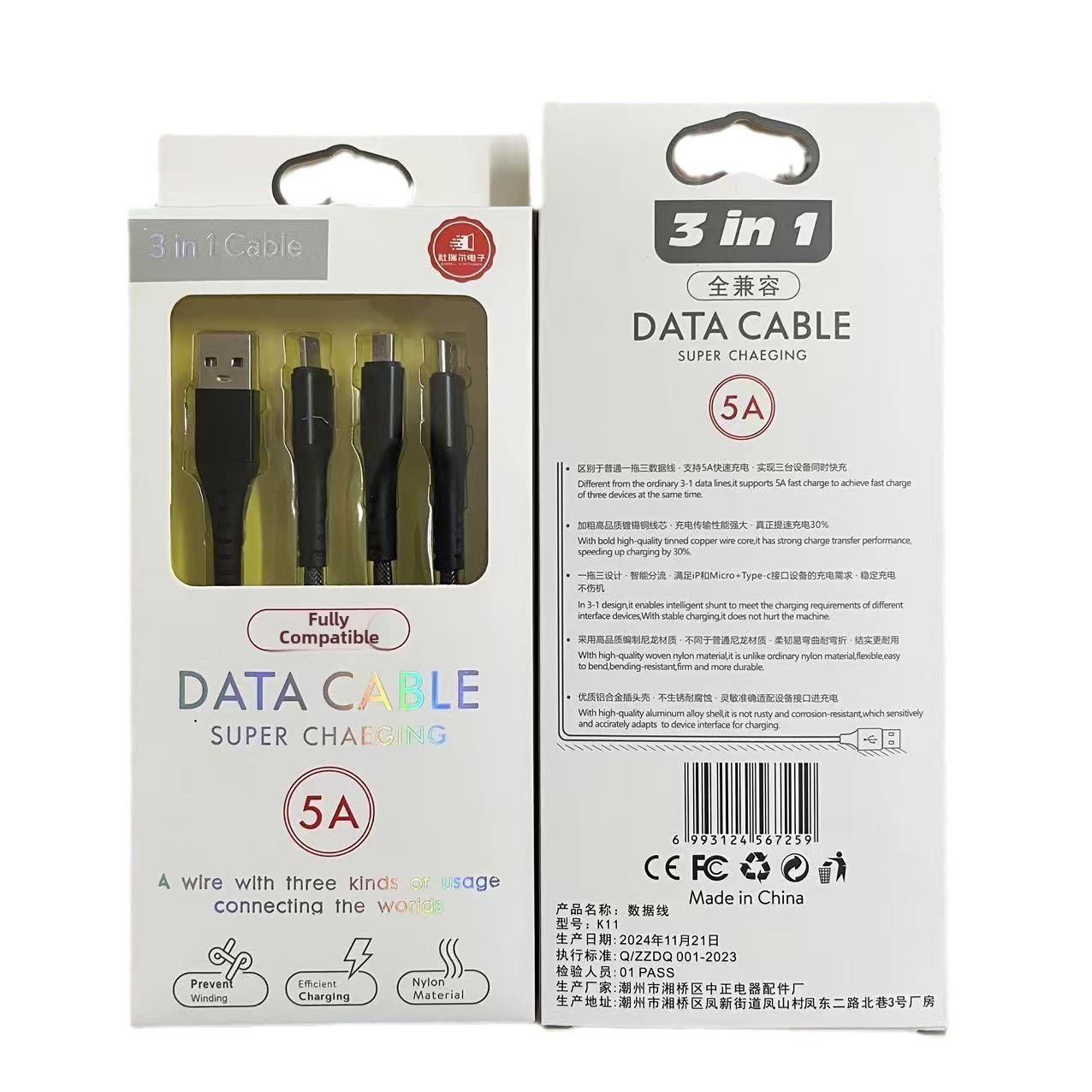 

Кабель для швидкого заряджання 3 в 1, плетений USB-кабель 5 А з мікро-USB типу Lightning Type-C, сумісний із телефонами iPhone Android, універсальний шнур зарядного пристрою 1,2 М with Box