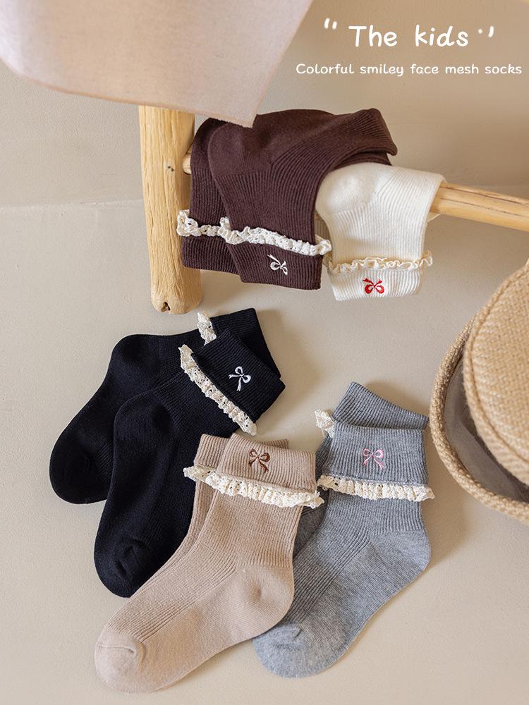 Girls' Cotton Mid-Calf Socks with Sweet Bowknot - Korean Style Lace Princess for Autumn and Spring