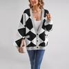 Winter hot sale V-neck rhombus splicing contrasting color loose knitted cardigan jacket women