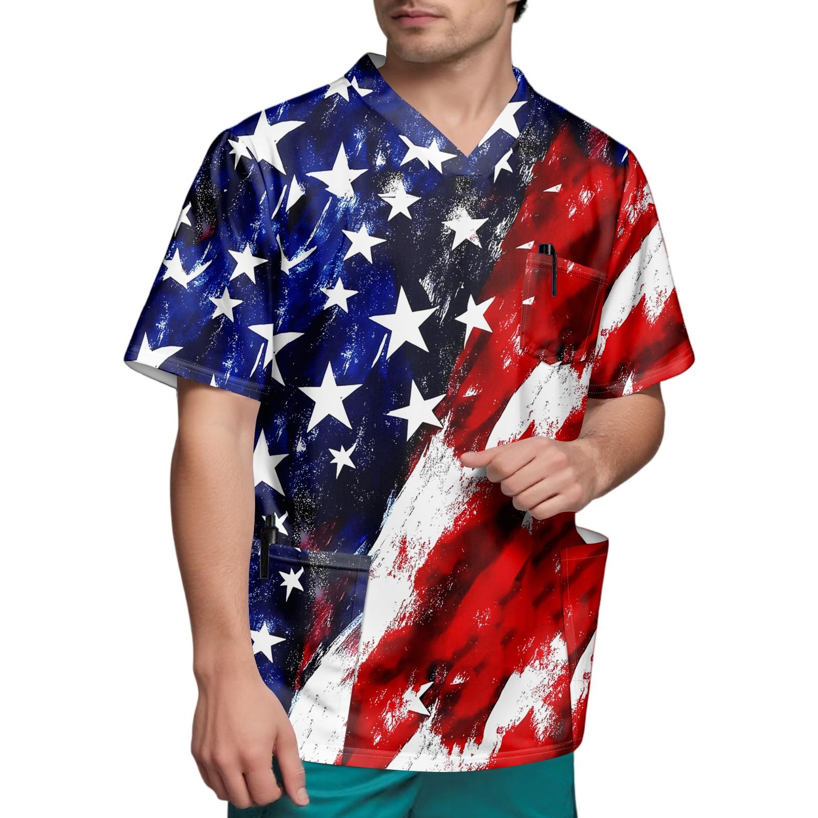 

Men s Short Sleeve V Neck Independence Day Print Chest Pocket Carer Top XXL винний