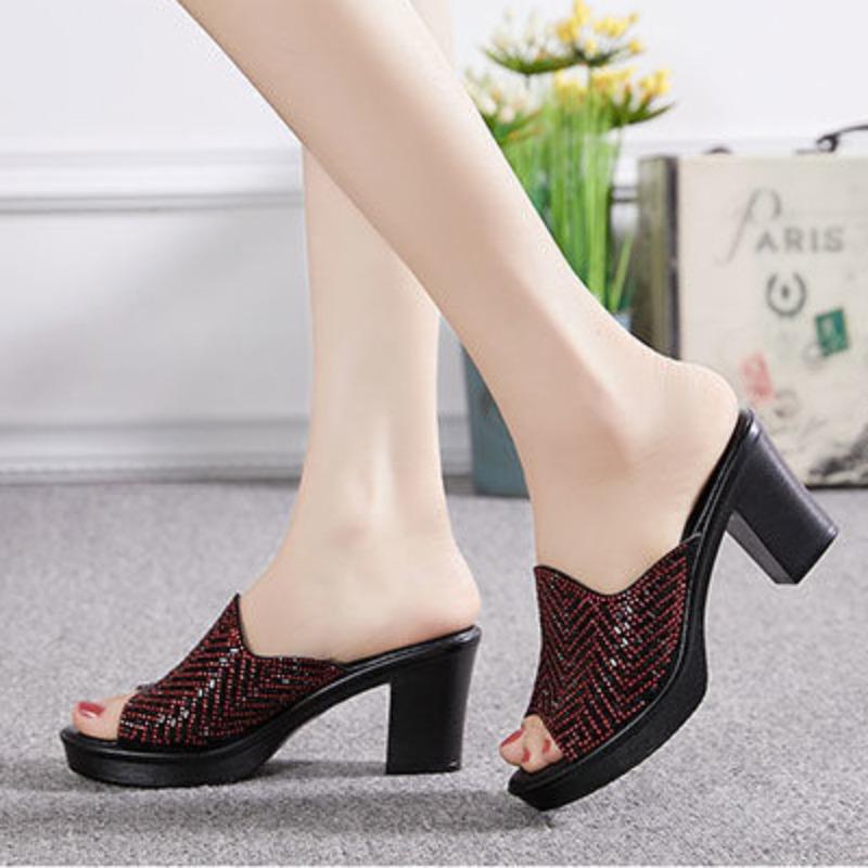 Fashion Slides Outside Black Shoes Rhenstone with Heel Women's Slippers and Ladies Sandals Jewels Crystals New Collection Original Pvc