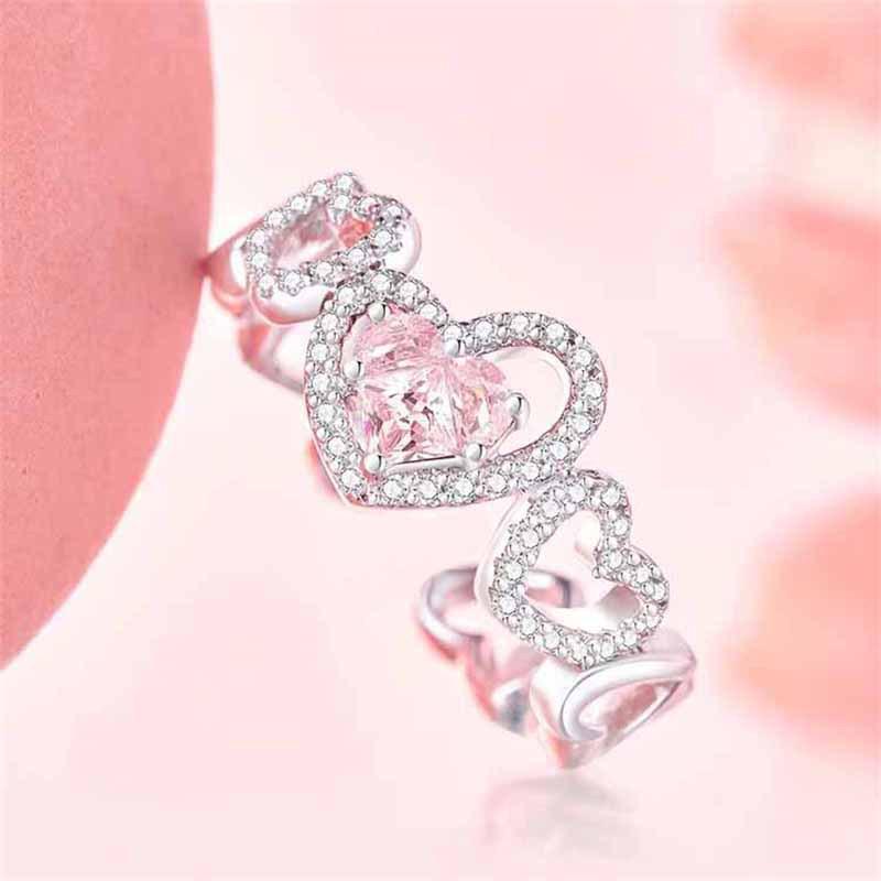Spicy Girl Pink Heart Ring: Fashionable, Versatile, Open Design with Heart-Shaped Cubic Zirconia, Perfect for Index Finger. Adjustable Open Design