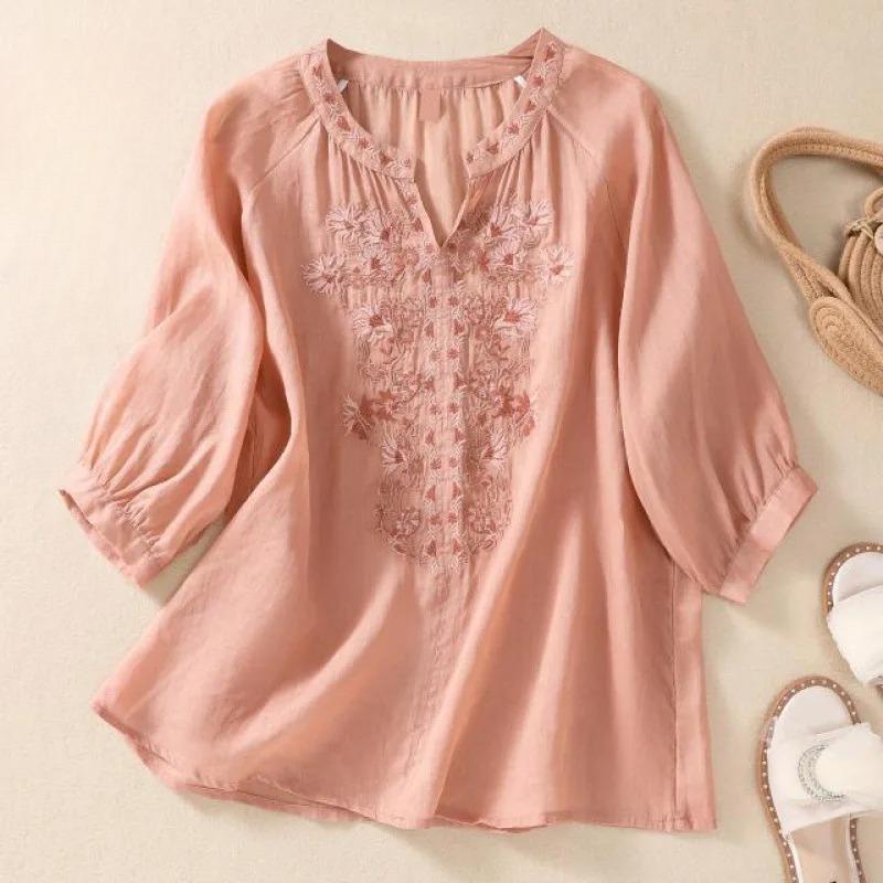 

Vintage Linen Embroidered Blouse Women Summer V Neck Slim Fit Casual Solid Color Short Sleeve Shirt 3XL помаранчевий