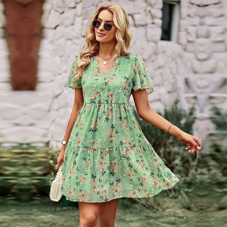Women Chic Floral Print Loose Dress V Neck Short Sleeve Spring Autumn Fashion S-XL
