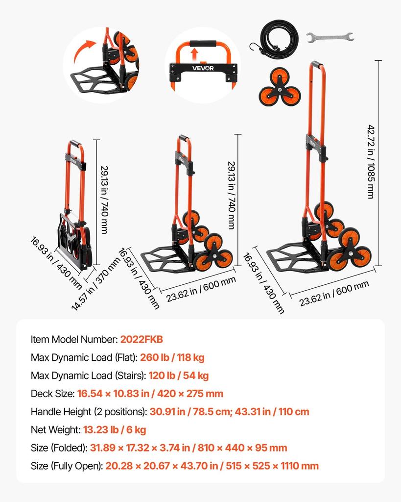 Stair Climbing Cart, 54 Kg Stair-Climbing Capacity, Portable Folding Trolley Cart with Telescoping Handle, 6 Wheels and 2 Bungee Cords, Stair Climber