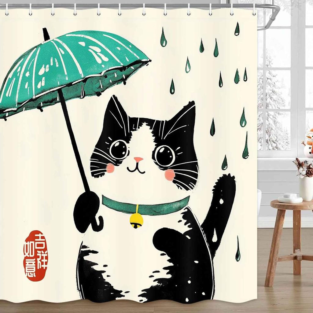Funny Cat Shower Curtain Teal Blue Ocean Sea Turtle Seahorse Seashell Starfish Tropical Fish Nautical Bathroom Decor with Hooks