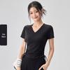 Women's Slim-Fit V-Neck Drawstring Top: Fashionable, Versatile, Soft Texture, Short-Sleeved T-Shirt, Complements All Skin Tones.