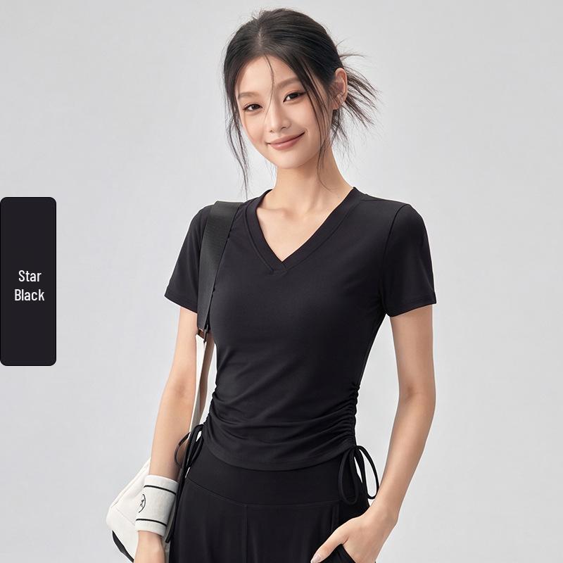 Women's Slim-Fit V-Neck Drawstring Top: Fashionable, Versatile, Soft Texture, Short-Sleeved T-Shirt, Complements All Skin Tones.