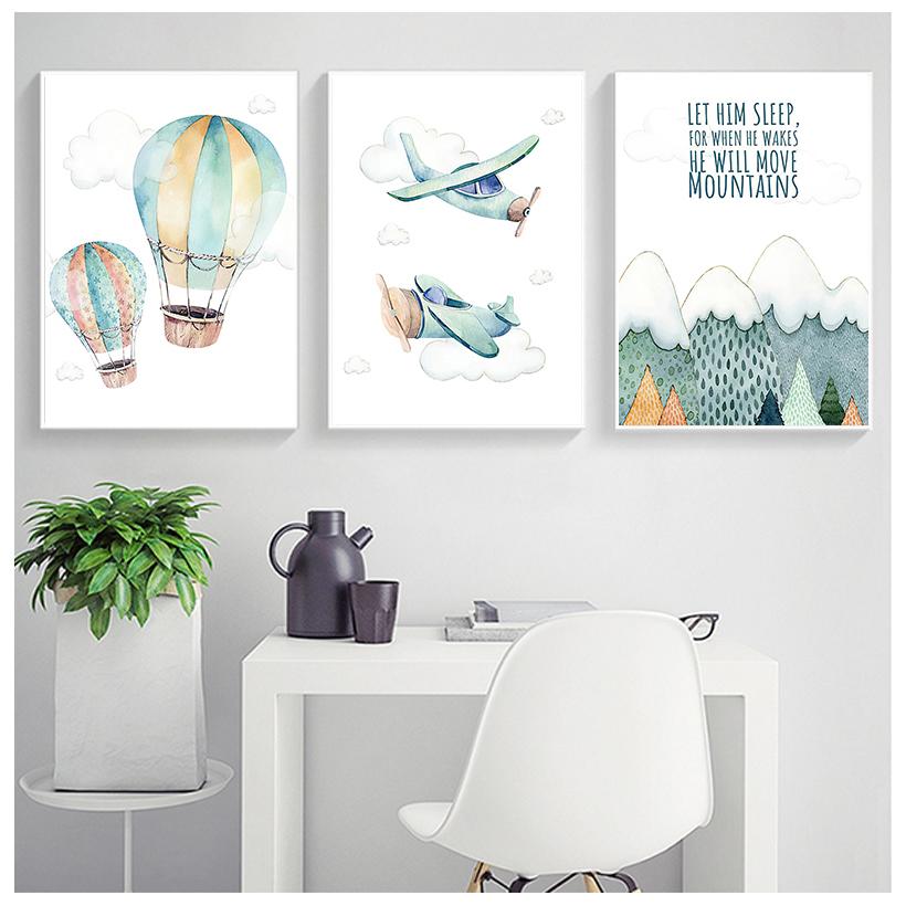 Kind Abenteuer Poster Druck Aquarell Kunstwerk Flugzeug Ballon Leinwand Malerei Wand Bild Nordic Kinder Junge Schlafzimmer Dekoration