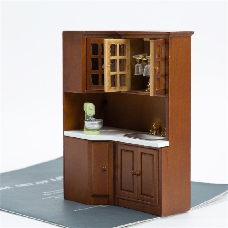 1/12 Dollhouses Kitchen Cabinet Miniature Furniture with Sink Craft Project Model Kitchen Room Scene Decorative Accessory