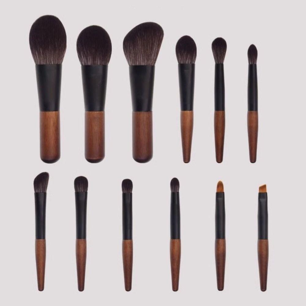 12Pcs Wood Mini Makeup Brush Set Lip Liner Eye Brow Roller Brush Simple Concealer Brush Set  Women