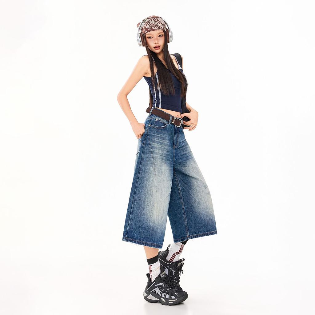 Trendy Spring Summer Pleated Vintage Loose Wide Leg Cropped Capri Denim Pants For Women Versatile Loose Straight Slimming Daily Denim Bottoms