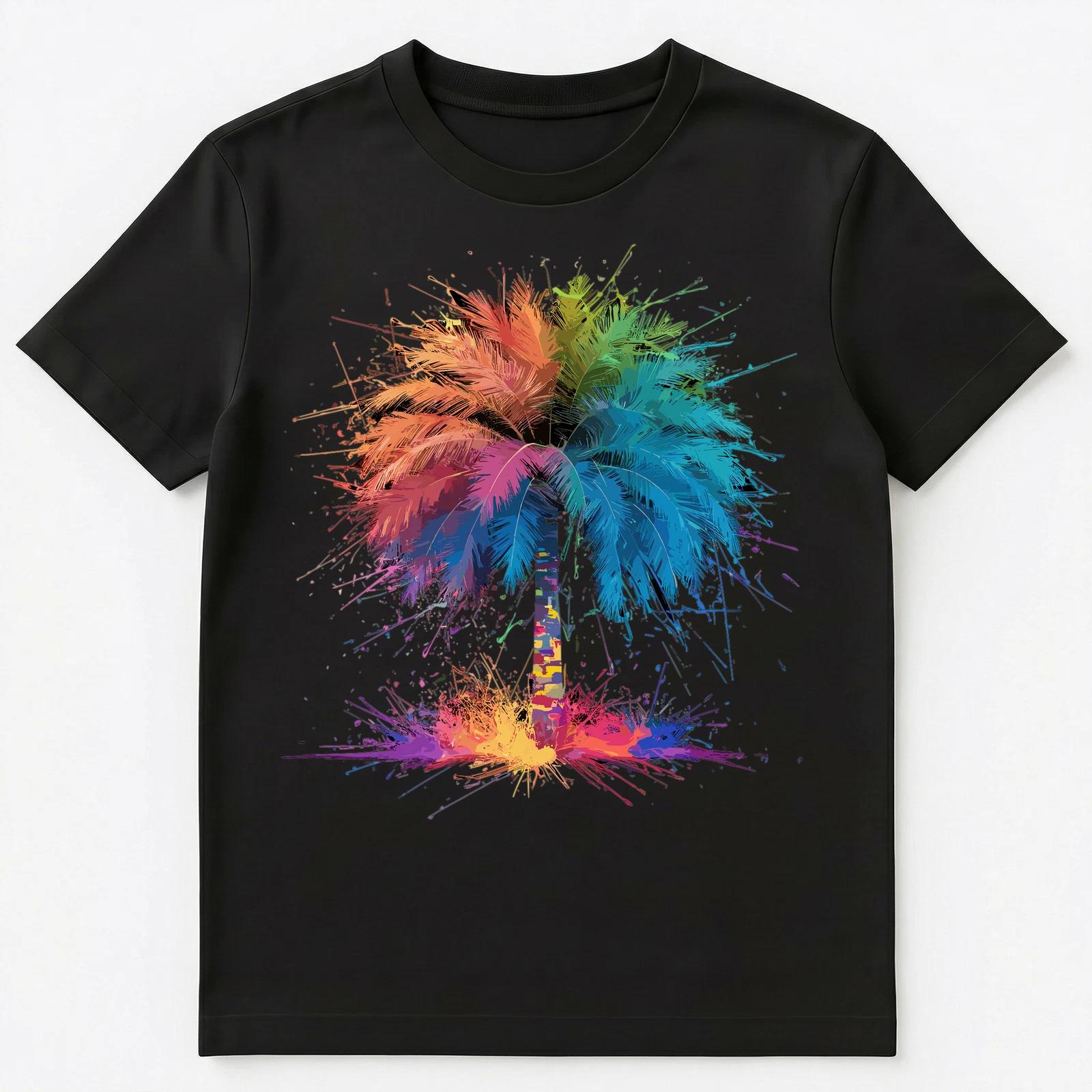 

Colorful Paint Splash Palm Tree Art Graphic Unisex T-Shirt XL