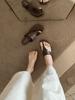 Sheepskin version~ Genuine leather casual sleeve toe flip-flops women's summer wear metal buckle flat bottom pinch slippers beach sandals