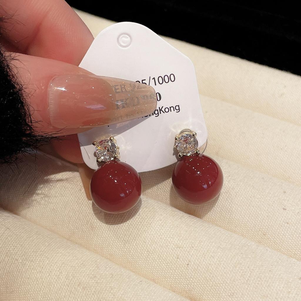 New Year's Silver Needle Zircon Pearl Red Earrings Retro Temperament Earrings Fashion High Sense Versatile Earrings Women