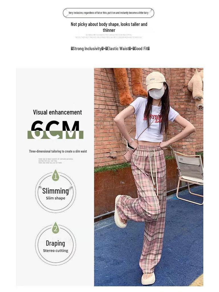 Petite Retro Pink Plaid Wide-Leg Pants, 150cm
