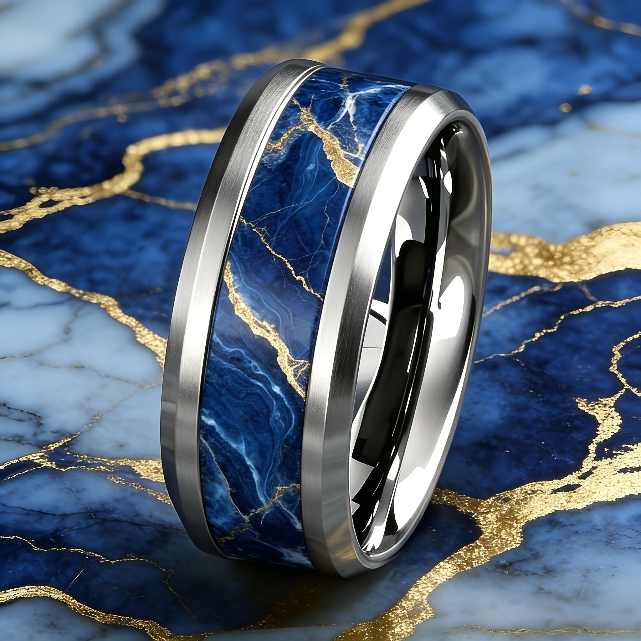 Luxuriöser königsblauer Marmor und goldgemustertes Ring Edelstahlringe für Damen Herren Ehering Schmuck Valentinstagsgeschenke 10 white