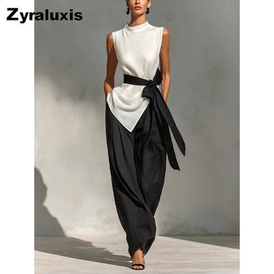 Nouvel Ensemble Deux Pièces pour Femmes : Haut sans Manches à Nouer en Tencel et Lin + Pantalon Large