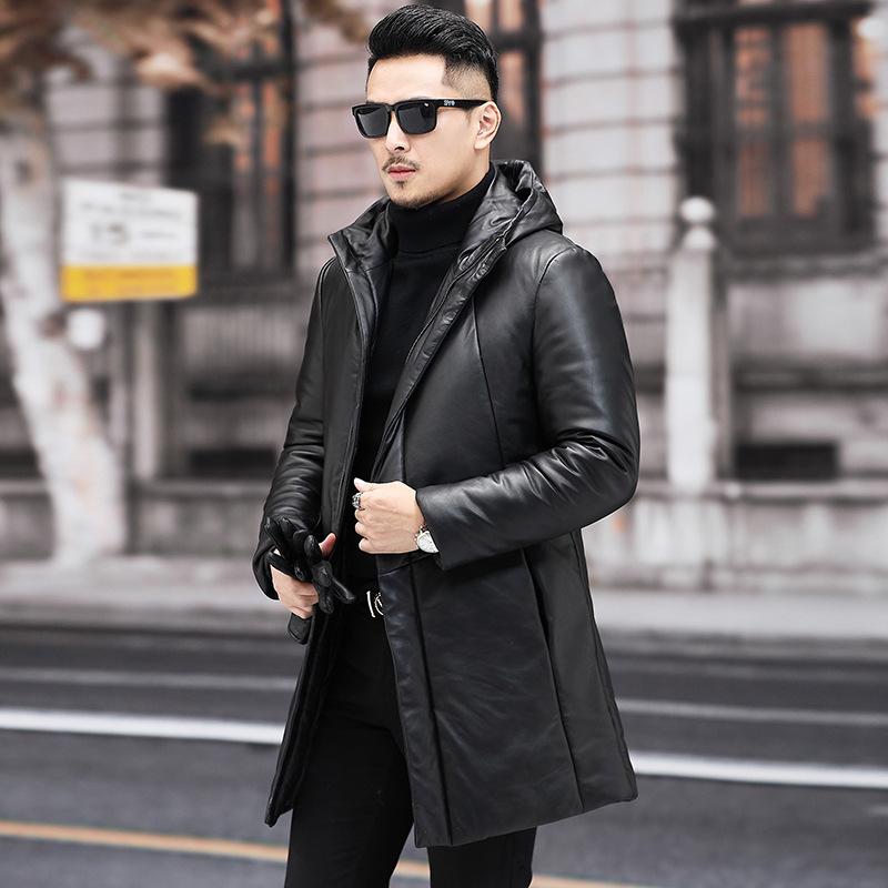 Äkta Läderjacka, Herr Dunjacka med Huva, Ungdom Mellanlång Koreansk Slim Fit Trend, Vinter Tjock Läderjacka