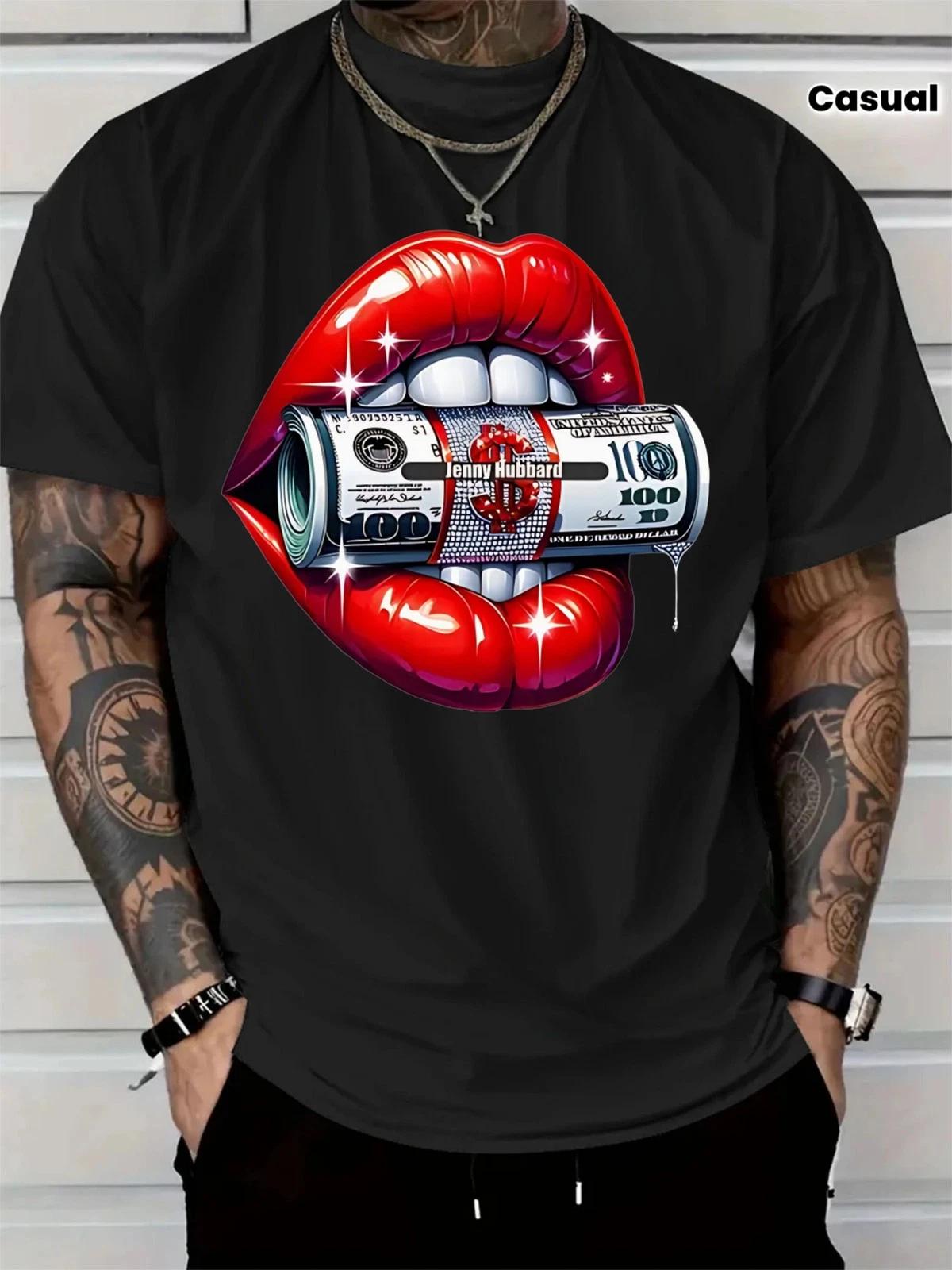 Red Lips Money Graphic Men’s T-Shirt Dollar Bill Luxury Streetwear Tee XS