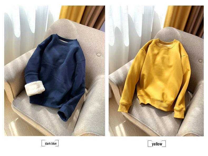 Women's Loose Lambswool Sweatshirt - Korean Style Casual Plus Velvet Thick Top for Autumn/Winter 2023.