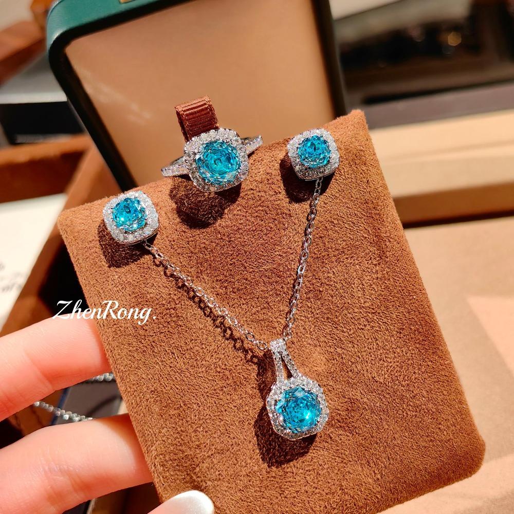 Elegant Women Jewelry Set Octagon Rose Cut Necklace Sparkling Ring Aquamarine Pink Diamond Earrings
