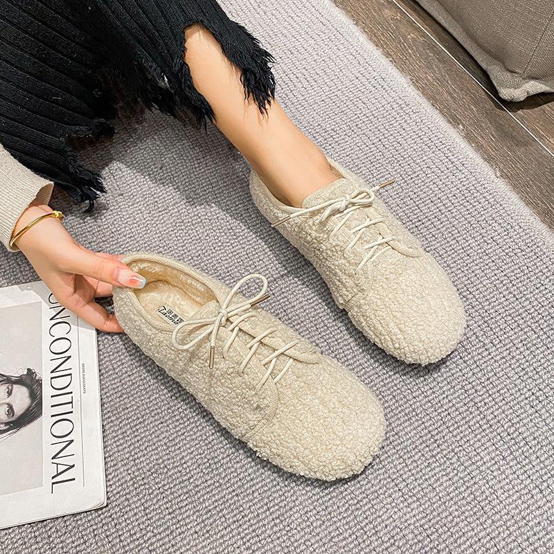 Fashion 2025 Brand Fur Shoes Woman Lace-Up Loafers White Woolen Boots Femmes Thicken Plush Moccasins Winter Curly Lambswool Shoes Ladies
