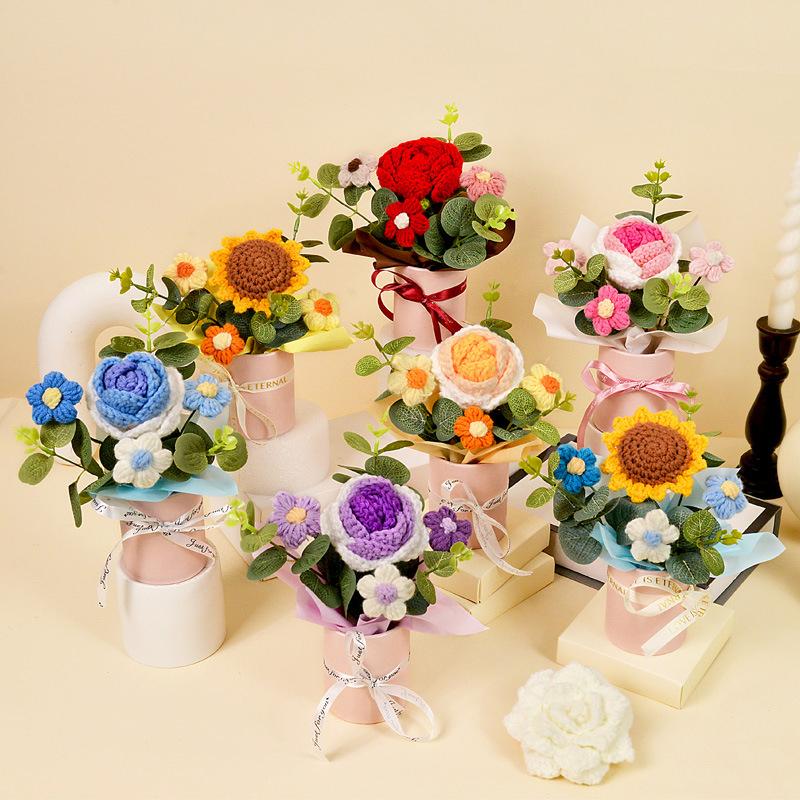 1PC Puff Permanent Rose Valentine's Day Knitted DIY Artificial Flower Gift Handmade Elegant Bouquet Romantic