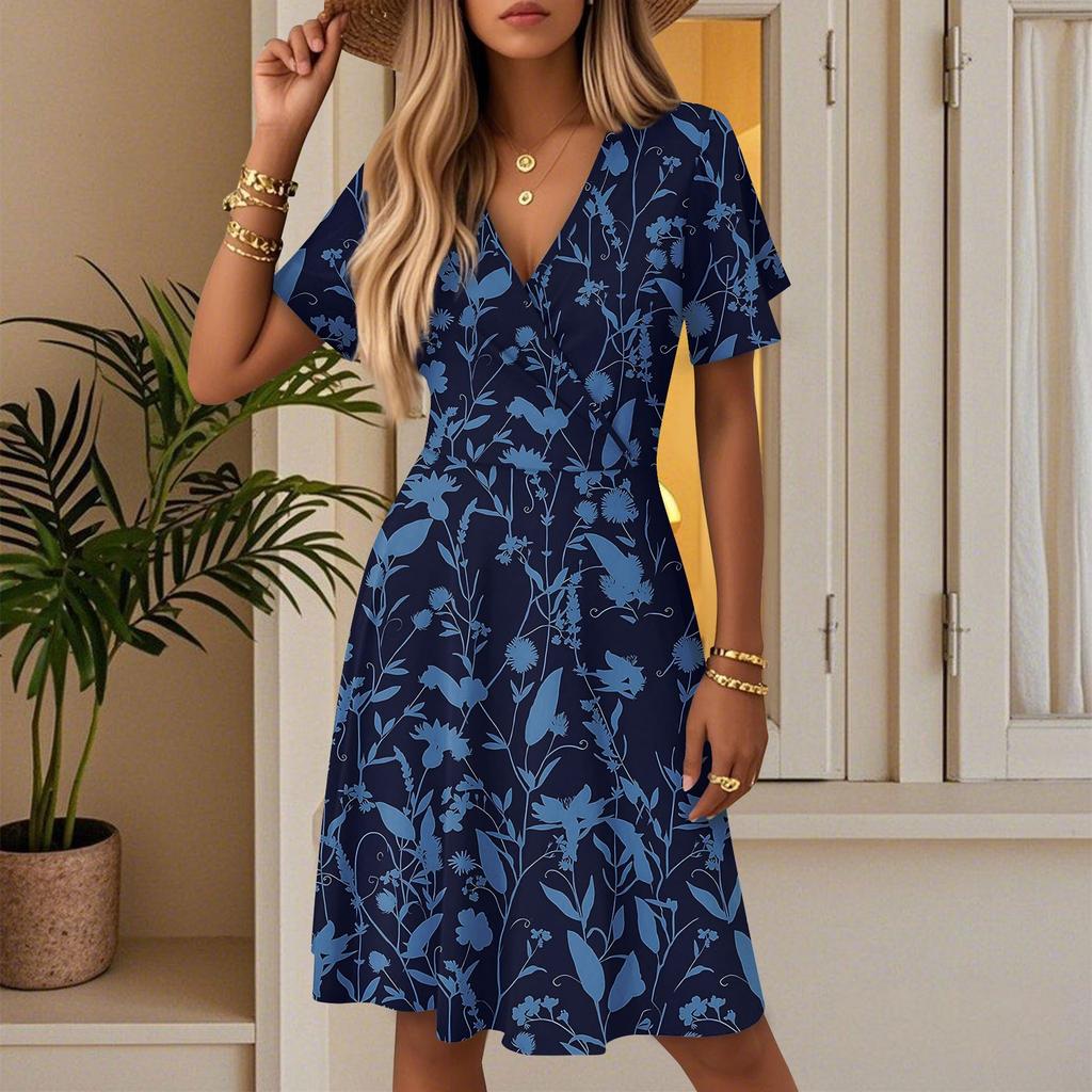 Women's Casual Fashion Dress Vintage Floral Floral Short Sleeve V-neck Dress